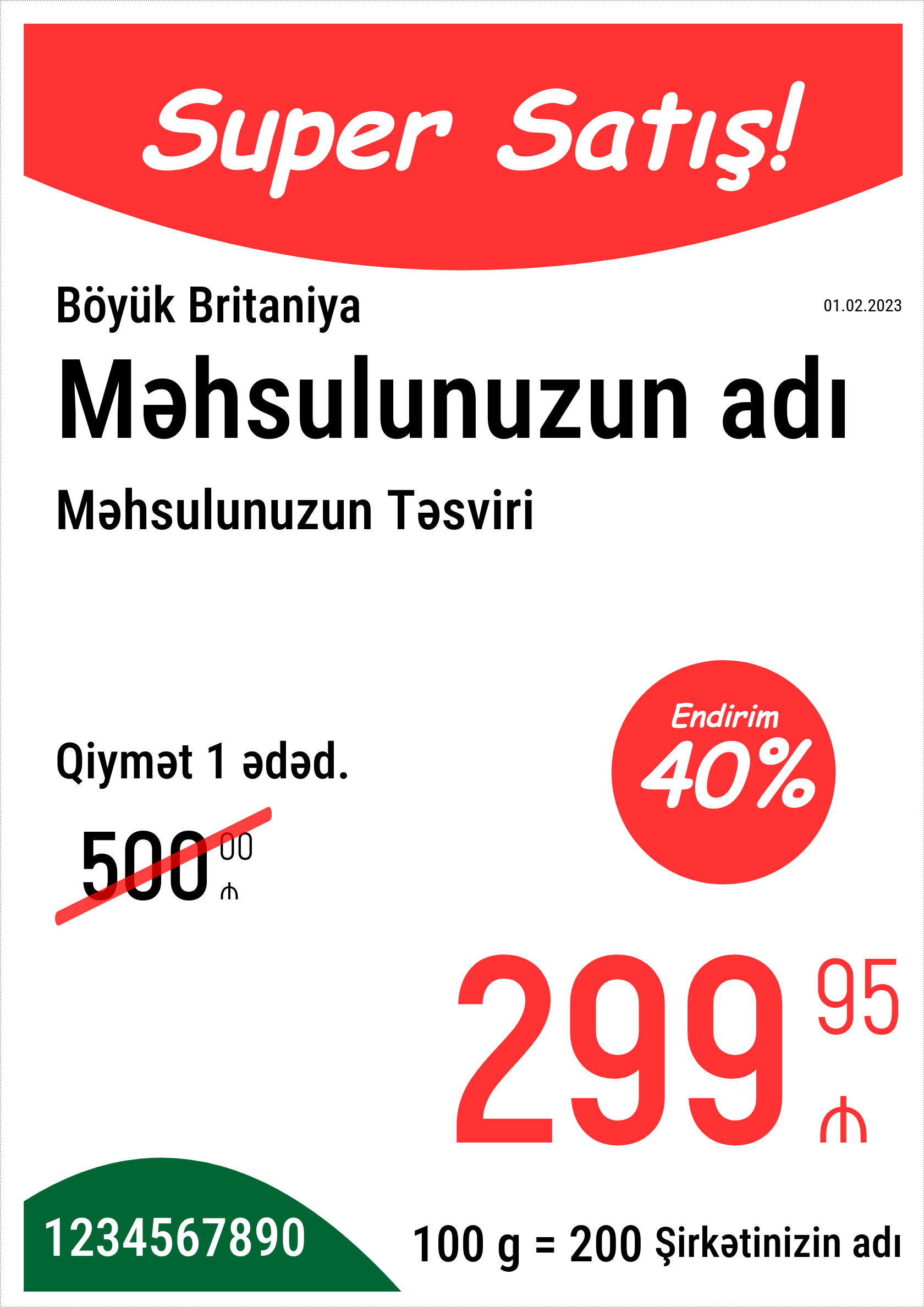 Qiymət etiketi Orijinal / Şaquli / A4 formatı (tam səhifə) / Reklam