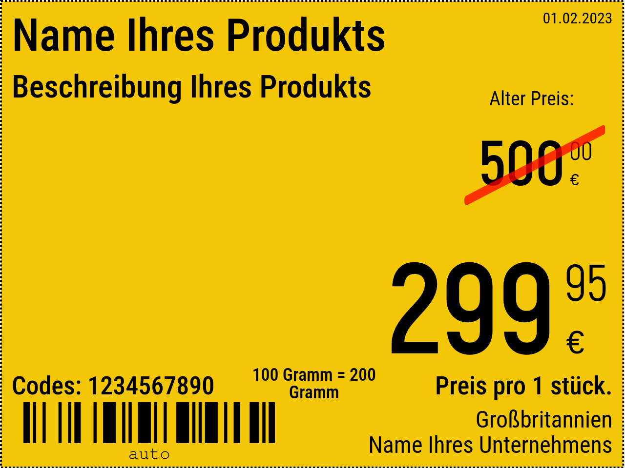 Preisschild Neu / 8x6 / Werbepreisschild mit Hintergrund