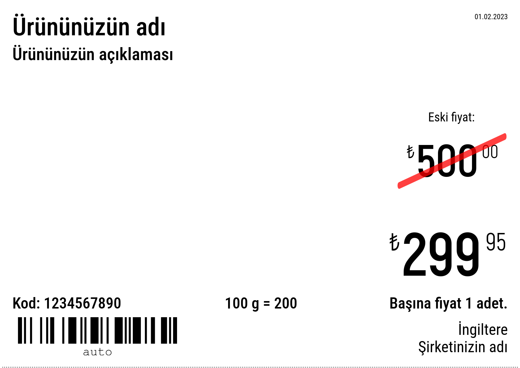Fiyat etiketi Yeni / A5 (yarım A4 sayfa) / Promosyonlu