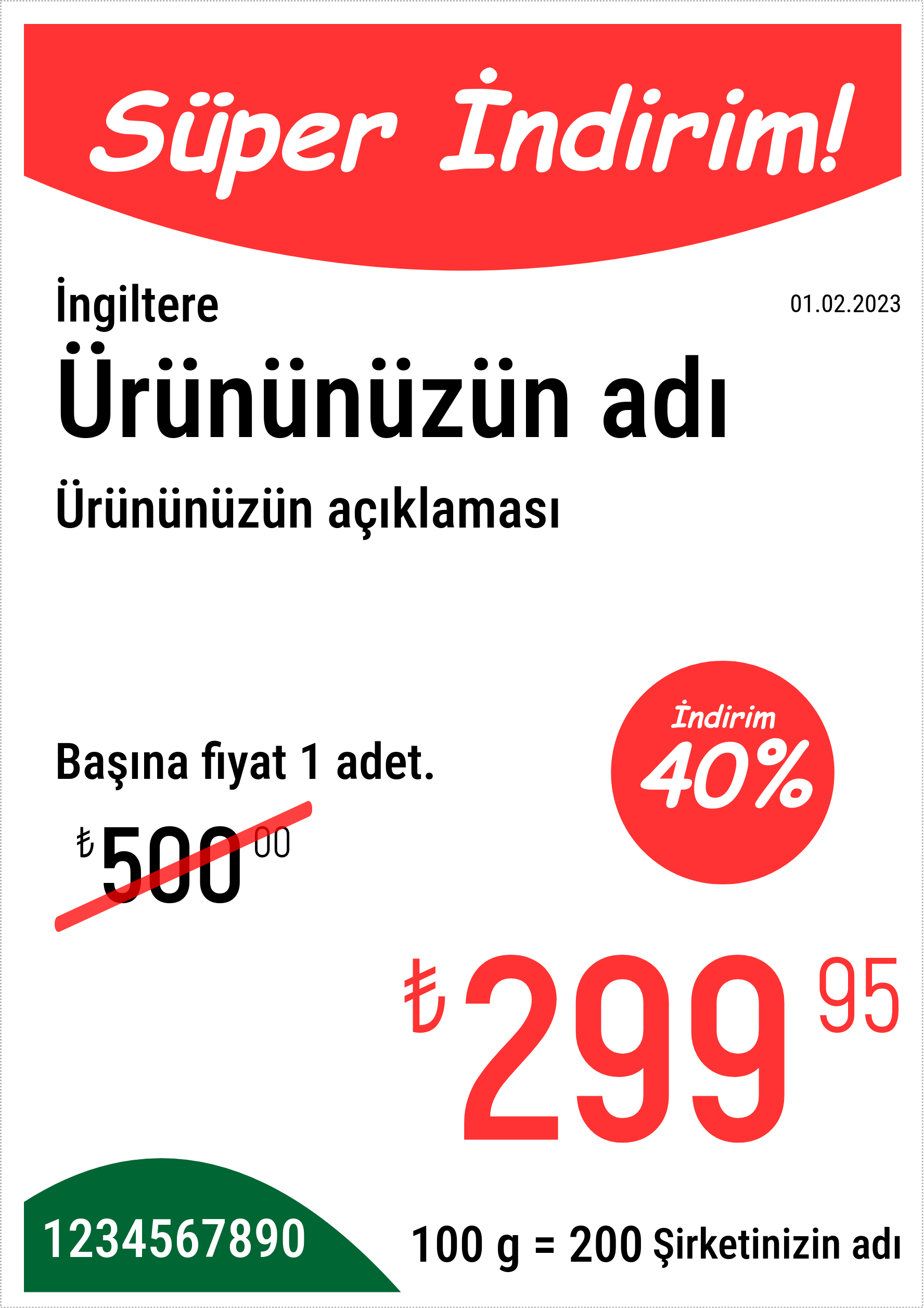 Fiyat etiketi Orijinal / Dikey / A5 (yarım A4 sayfa) / Promosyonlu
